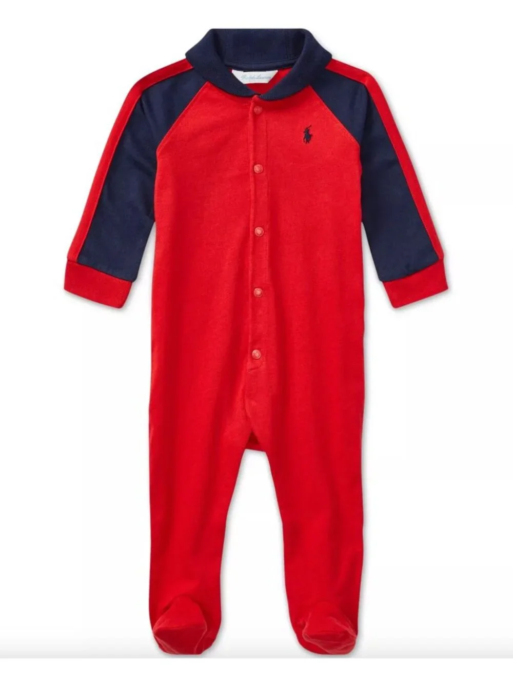 Ralph Lauren Baby Boys Shawl-Collar Cotton Coverall Red Blue Newborn Classic